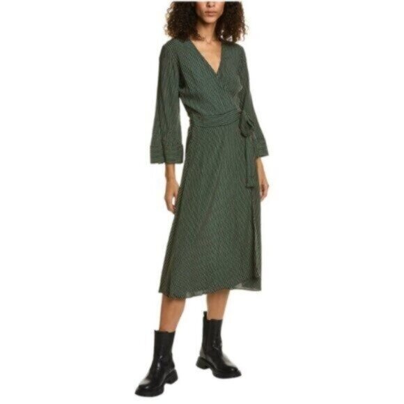 NWT GANNI Green Stripped Crepe Midi Wrap Career Business Casual Boho Dress 36/4 - Picture 1 of 11